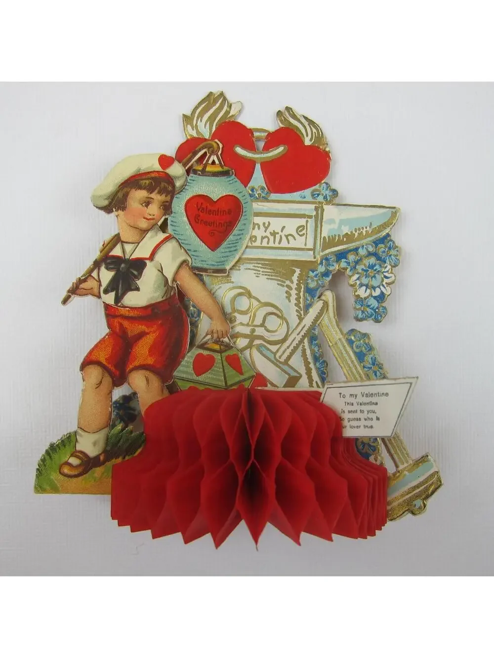 Antique Valentine Honeycomb 3D Pop Up Die cut Boy Sailor Suit Lantern & Tools